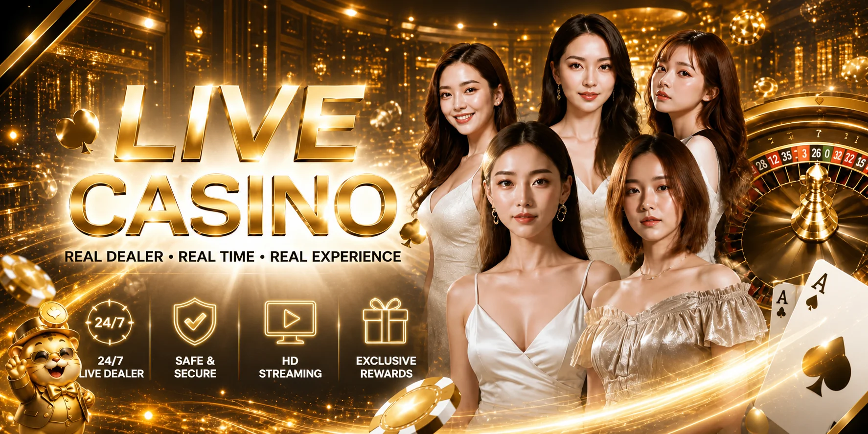 คาสิโนสด Rich928 พร้อมโต๊ะเกมและดีลเลอร์